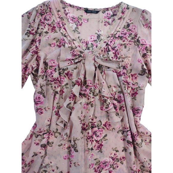 L'est Rose Floral Lace Trim Sheer Long Sleeve Babydoll Top Romantic Coqu… - Picture 2 of 8